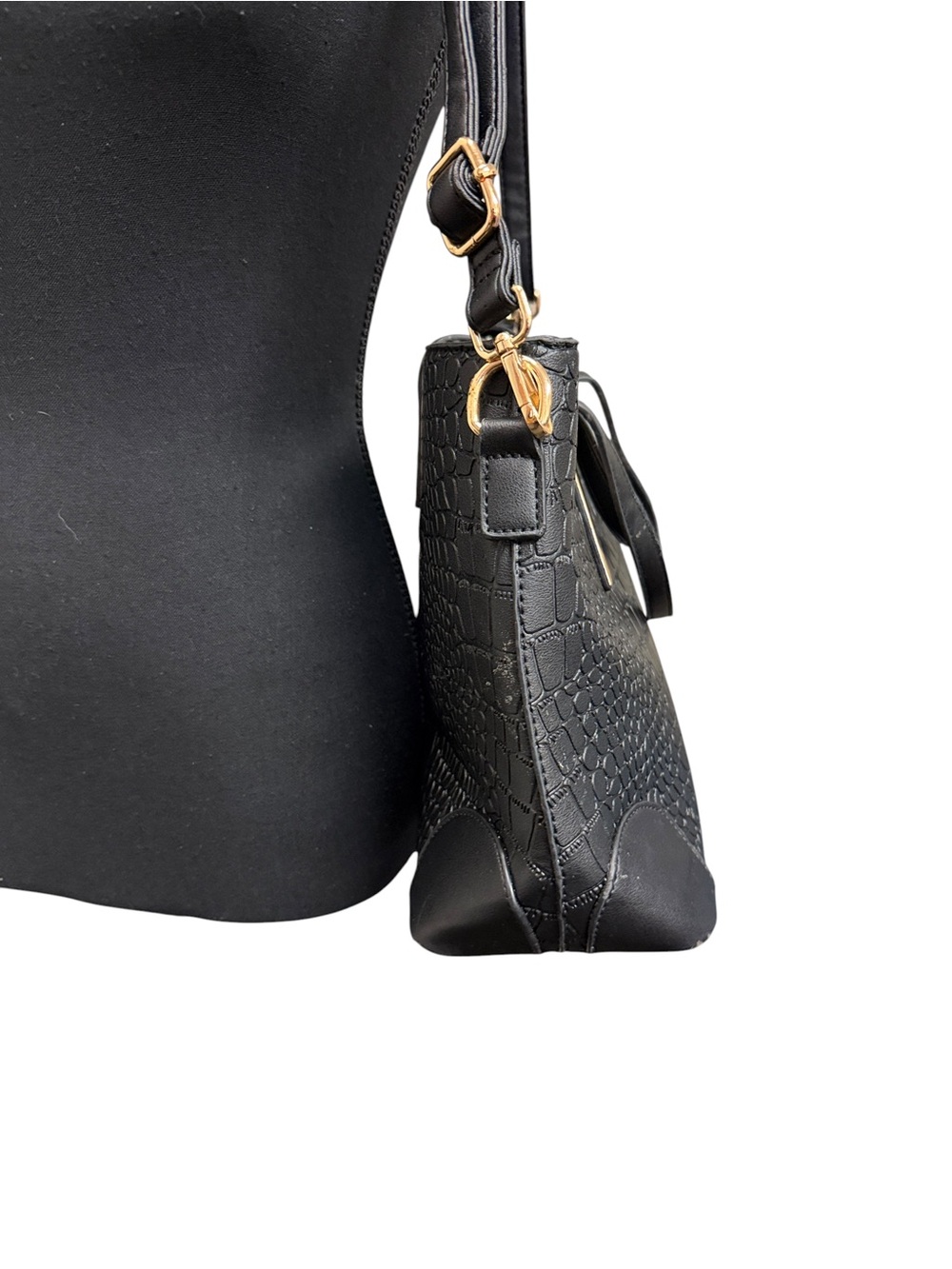 Black Croc Embossed Satchel Tote Bag | Gold Hardware | Shoulder & Crossbody Styl - Picture 8 of 10